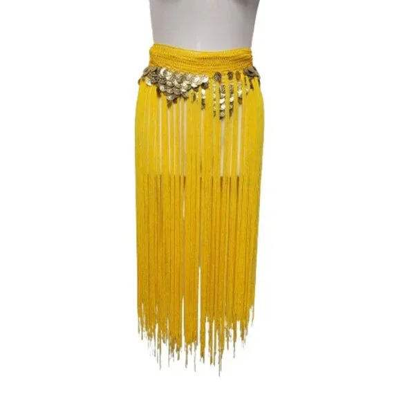 Hip Skirt Belly Dance Tassels Fringe Skirt Bellydance Coins and Fringe Hip Scarf - Picture 4 of 11